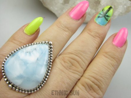 bpe9576 Anielski Pierścień Pierścionek Rzadki Niebieski Larimar (kamień Anielski ) - stawy, serce lęki, otwiera czakrę gardła r.18/r.19 Srebro 925 #