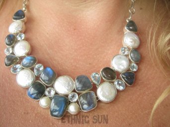bn1579 KRÓLEWSKI KLEJNOT - GIGANT XXL 71 gramów ! CUDOWNA Przepiękna regulowana max 52cm Kolia Naszyjnik Labradoryt Spektrolit, Perła Biwa Perły, Blue Topaz Srebro 925 #
