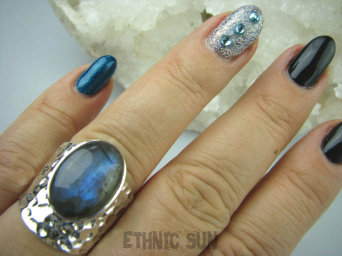 bpe5455 PRZEPIĘKNY WIELKI Artysta !!! Pierścień szeroka obrączka Labradoryt Spektrolit kamień Zorzy Polarnej r.19 Srebro 925 #