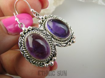 bke1156 Duże OKAZY CUDNIE Zdobione Egzotyczne Kolczyki z Ametystami Ametyst kamień mądrości Srebro 925