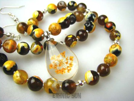 bn1208 Kwiatowa Kolekcja - Naszyjnik i Kolczyki AGAT  SMOCZE OKO  suszone kwiaty Srebro 925