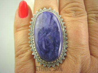 bpe4538 UNIKALNY DROGOCENNY RZADKI CZAROIT - kamień jasnowidzów ! Orientalny Owalny Pierścień z czaroitem r.17 Srebro 925 #