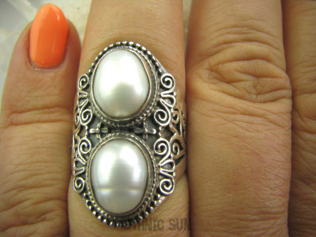 bpee2721 LŚNIĄCY ŚNIEŻNOBIAŁY Piękny Pierścień hodowlane PERŁY PERŁA r.16 szeroka ażurowa obrączka Srebro 925 #