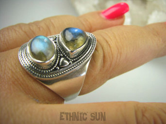 bpe6440 Delikatny OKAZ Pierścień LABRADORYT Spektrolit - kamień Zorzy Polarnej r.20 lśniąca obrączka SREBRO 925 #