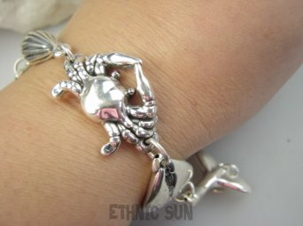 bb3897 MORSKIE SKARBY !!!! PRZEMEGAŚNA Fantastyczna Duża 21g ! lekka Lśniąca Bransoleta Delfin, Muszla, Rozgwiazda, Krab cała ze Srebra dmuchane Srebro 925 #