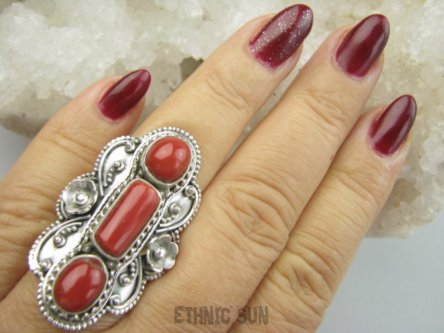 bpe9652 UFF CO ZA KORALOWA PIĘKNOŚĆ-Rzadkość Magnetyzujący Talizman przyciąga Szczęscie i Sukces Długi 4.2 cm ! Orientalny Pierścień Duży Pierścionek naturalny KORAL r.20/ r.21 Srebro 925 #