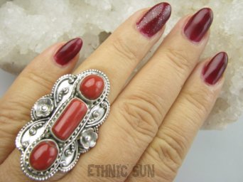 bpe9652 UFF CO ZA KORALOWA PIĘKNOŚĆ-Rzadkość Magnetyzujący Talizman przyciąga Szczęscie i Sukces Długi 4.2 cm ! Orientalny Pierścień Duży Pierścionek naturalny KORAL r.20/ r.21 Srebro 925 #