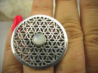 bpe6225 Duży front 3,2cm Pierścień KWIAT ŻYCIA - SILNY AMULET OCHRONNY !!!! Ażurowy Pierścień Kamień Księżycowy r.14 SREBRO 925 #
