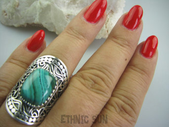 bpe4908 BIŻUTERIA  EGZOTYCZNA  !!! Przepiękny OKAZ Długi Pierścień MALACHIT - pobudza kreatywność r.19 szeroka obrączka Srebro 925 #