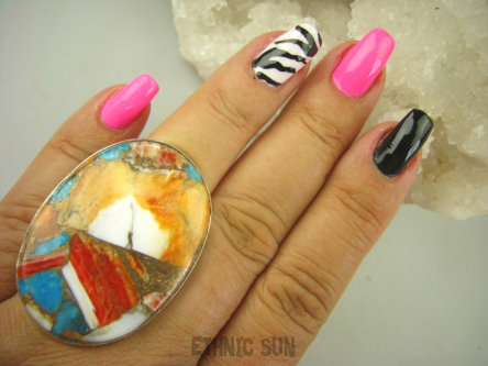 bpe8103 Wielobarwny Gigant 4,3 cm/ 3,1 cm Pierścień 21G !OSTRYGOWY TURKUS MIEDZIANY TOSTRYGA Muszla złota MIEDZ r.20/r.21 Srebro 925 #