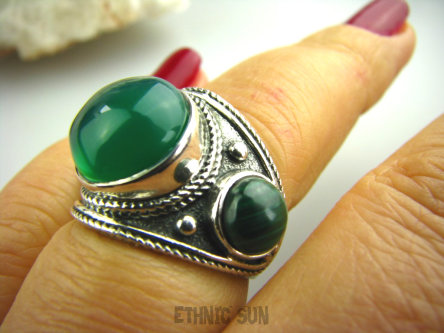 bpe2739  Piękna Oksydowana szeroka Obrączka  Pierścień Malachit i Zielony Onyks - regeneruje SERCE, EGZEMY, PAMIĘĆ Malachit - pobudza kreatywność r.15/ r.16 Srebro 925 #