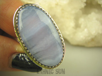 bpe6704 Egzotyczny Pierścień KORONKOWY AGAT BLUE LACE kamień spokoju i pozytywnego myślenia idealny na STRES, CHOROBY OCZU, USZU UKOJENIE DUSZY r.18 Srebro 925 #