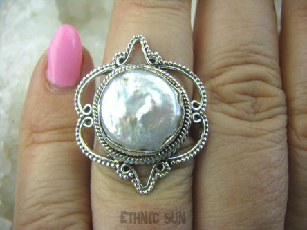 bpee3145 Elegancki Finezyjny Pierścień Naturalna hodowlana DUŻA opalizująca PERŁA BIWA r.14 egzotyczne ażurowe Srebro 925 #