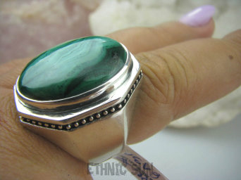 bpe6131 Duży  MASYWNY Sygnet Pierścień  Zielony Malachit - pobudza kreatywność r.22/ r.23 UNISEX Srebro 925 #
