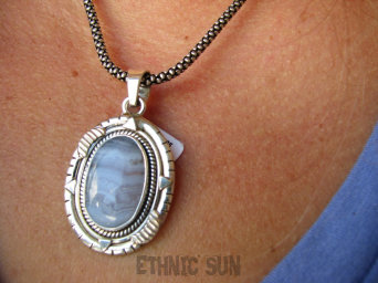 bwe3337 Delikatny Wisior KORONKOWY AGAT BLUE LACE - kamień spokoju i pozytywnego myślenia idealny na STRES, CHOROBY OCZU, USZU UKOJENIE DUSZY Srebro 925 #