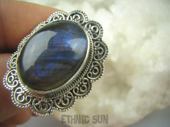 bpe5438 Biżuteria Orientalna !! Duży Masywny Pierścień LABRADORYT Spektrolit kamień Zorzy Polarnej w morskich falach r.17/ r.18 SREBRO 925 #