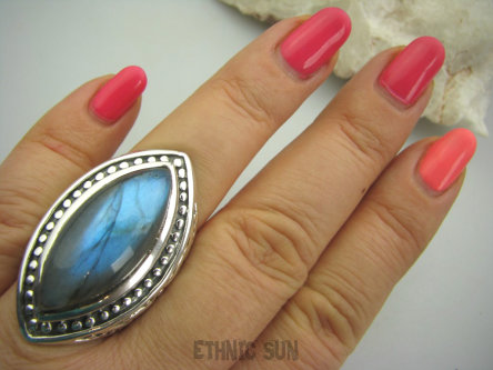 bpe4272 Masywny GIGANT 23 GRAMY !!  Niezwykły OKAZ Pierścień Labradoryt Spektrolit kamień Zorzy Polarnej r.21/ r.22 Srebro 925 #