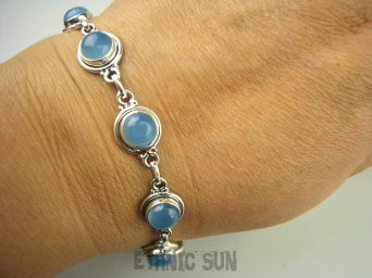bb2925 BŁĘKITNA LAGUNA - UNIWERSALNA Kobieca Bransoleta z naturalnym Chalcedonem Niebieski Chalcedon Tarczyca Srebro 925 #