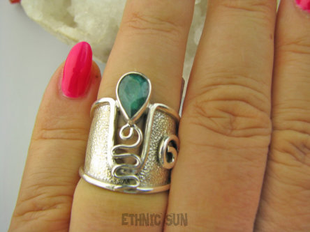 bpee4397 PIĘKNY GORSET niespotykany wzór ciekawy Regulowany PIERŚCIEŃ Pierścionek Szmaragd Indyjski Szmaragdy szeroka obrączka r.12, r.13, r.14 Srebro 925
