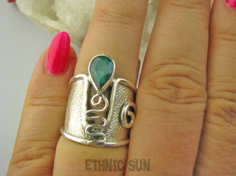 bpee4397 PIĘKNY GORSET niespotykany wzór ciekawy Regulowany PIERŚCIEŃ Pierścionek Szmaragd Indyjski Szmaragdy szeroka obrączka r.12, r.13, r.14 Srebro 925