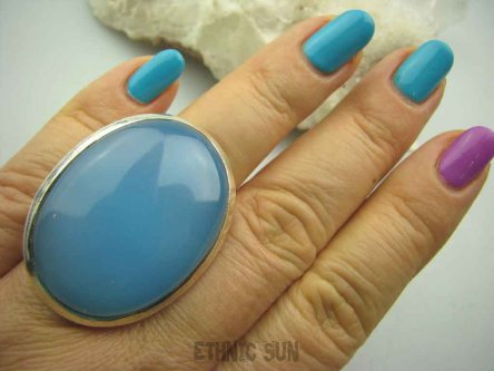 bpe4149 OLBRZYM 24 gramy 3.9 cm/ 3 cm ! Błękitna Piękność WSPANIAŁY Pierścień CHALCEDON regulowany r.19, r.20, r.21, r.22 Lśniące Srebro 925 TARCZYCA #