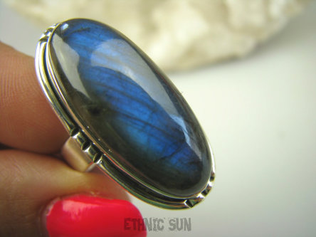 bpe7799 Tajemniczy Jacek Pierścień Niebieski, Granatowy Labradoryt Spektrolit - kamień Zorzy Polarnej r.19 Srebro 925 #