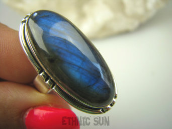 bpe7799 Tajemniczy Jacek Pierścień Niebieski, Granatowy Labradoryt Spektrolit - kamień Zorzy Polarnej r.19 Srebro 925 #