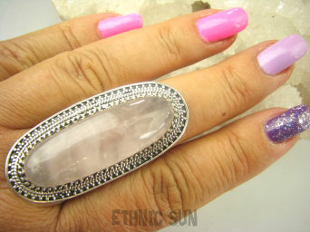 bpe7963 Bardzo Długi 5 OKAZ 20 gramów !!Gigant !! Regulowany Pierścień KWARC Różowy Kamień mocnego SERCA r.21, r.22, r.23, r.24, r.25 Srebro 925 #