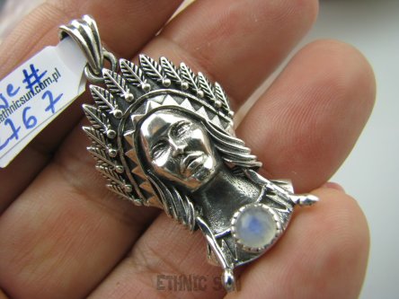 bwe2767 UNIKAT Niesamowity Wisior INDIANKA symbol Zwycięstwa , Wiedzy, Wolności i Natury Niebieski Kamień Księżycowy SREBRO 925 #