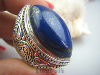 bpe4730 EGZOTYCZNA DAMA !!! Orientalny Masywny 23 g ! Duży Pierścień z królewskim Lapis Lazuli - strażnik prawdy i mądrości r.22 Srebro 925 #