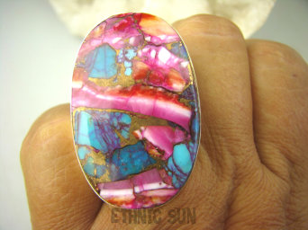 bpe8118 Boski Wielobarwny niebiesko-fioletowo-różowy OKAZ 4 cm / 2,6 cm Pierścień OSTRYGOWY TURKUS MIEDZIANY Mojave OSTRYGA Muszla złota MIEDZ r.17 Srebro 925 #