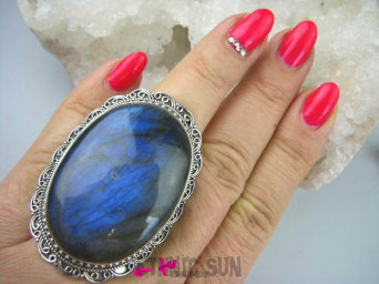 bpe5633 Kolekcjonerski Król GIGANT 37 gramów !!! Pierścień srebrzysto chabrowy Labradoryt Spektrolit r.20/ r.21 Srebro 925 #