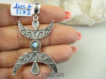 bwe3583 Półksiężyc symbol Kobiecości !!! Niesamowity Długi 5.8 cm Wisior Zawieszka Labradoryt Spektrolit SREBRO 925 #