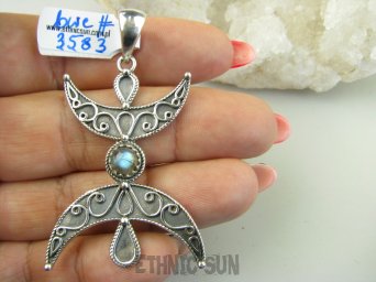 bwe3583 Półksiężyc symbol Kobiecości !!! Niesamowity Długi 5.8 cm Wisior Zawieszka Labradoryt Spektrolit SREBRO 925 #