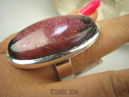 bpe7737 Duży OKAZ 23 gramy !!! Klasyczny Długi GIGANT 4,1 cm !!! Pierścień RODONIT - Niepokój, stres, bóle głowy, skurcze r.21/ r.22 Srebro 925 #