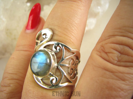 bpe9051 Niezwykły Artysta Ażurowy Regulowany Pierścień Pierścionek naturalny Labradoryt Spektrolit r.12, r.13, r.14, r.15, r.16, r.17 szeroka obrączka Srebro 925