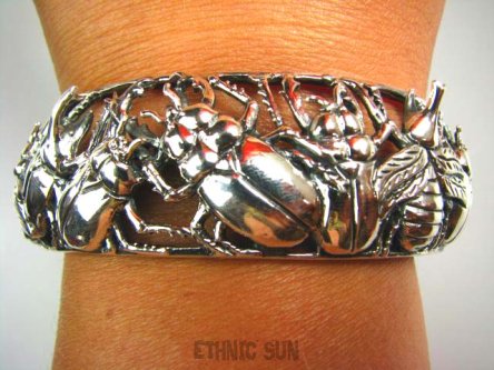 bb1334 Bossko piękny SKARABEUSZ - AMULET PRZYNOSZĄCY SZCZĘŚCIE !!! 1 JEDYNA Duża szeroka 3D przestrzenna MASYWNA 48 gramów !!! Otwarta Bransoleta Bangla Cała ze Srebra SREBRO 925 #