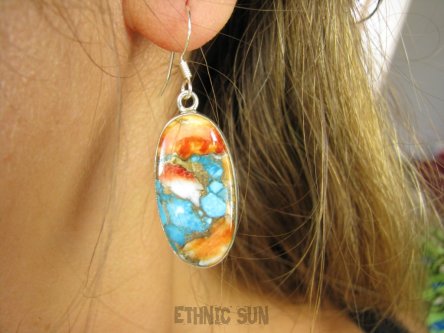 bke1035 Zjawiskowe Piękne Kolczyki Duże Okazy kamieni OSTRYGOWY TURKUS MIEDZIANY lśniące Srebro 925