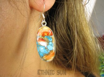 bke1035 Zjawiskowe Piękne Kolczyki Duże Okazy kamieni OSTRYGOWY TURKUS MIEDZIANY lśniące Srebro 925