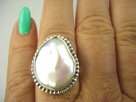 bpee4046 RARYTAS naturalna wielobarwna PERŁA BIWA Elegancki Pierścionek Pierścień z DUŻA perłą r.18 Srebro 925 #