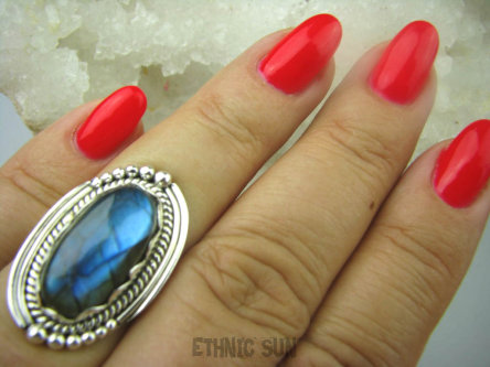 bpe6116 Czarodziejsko Piękny Orientalny Pierścień Niebieski, Granatowy Labradoryt Spektrolit - kamień Zorzy Polarnej r.16 Srebro 925 #