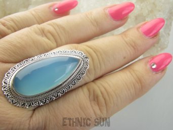 bpe9470 Piękny Pierścień Pierścionek Błękitno - Niebieski CHALCEDON (TARCZYCA) w pięknej egzotycznej oprawie, czakra gardła r.22 Srebro 925 #