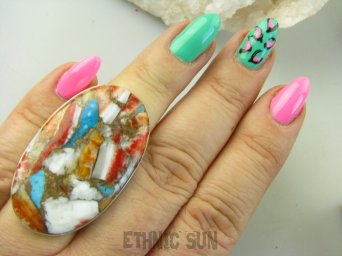 bpe8855 Wielobarwny Duży 4.2cm/ 2,5cm Pierścień 18 G !OSTRYGOWY TURKUS MIEDZIANY TOSTRYGA Muszla złota MIEDZ r.14 Srebro 925 #