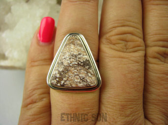 bpe6452 Niespotykany Delikatny PIERŚCIEŃ JASPIS BREKCJA - Cudna KOMPOZYCJA BRĄZU I BIELI r.15 Srebro 925 #