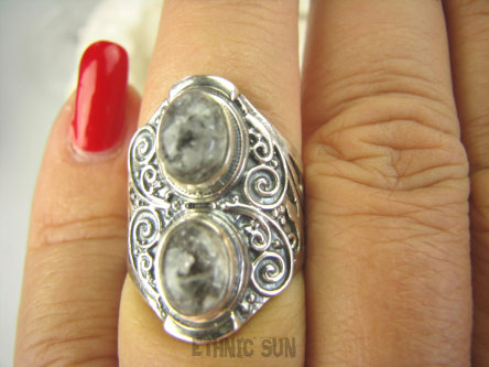 bpe6898 Egzotyczny Pierścień Kwarc SAGENITOWY z czarnym Rutylem r.14/ r.15 Srebro 925 #