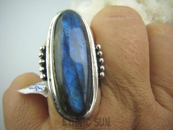 bpe5302 GRECKA BOGINI !!!! Duży Długi 3,9 cm OKAZ Pierścień  Niebiesko Granatowy Labradoryt Spektrolit - kamień Zorzy Polarnej r.17 Srebro 925 #