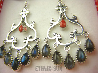 bke1103 Tak seksowne OSZAŁAMIAJĄCO PIĘKNE kunsztowne kobiece Kusicielki! Ażurowe Długie 6.5 cm Kolczyki Labradoryt Spektrolit Koral Srebro 925