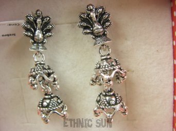 bke1264 Niezwykle orientalne Królewskie Pawie - NIEZWYKŁE Długie 4.5 cm kolczyki na sztyft INDYJSKIE BOGINIE BOLLYWOOD SEXOWNE Kolczyki Całe ze Srebra SREBRO 925