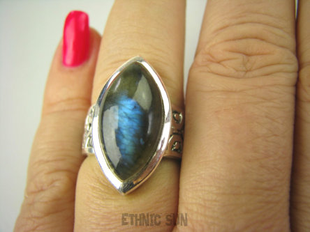 bpe6838 Cudowna MARKIZA  !!! Gruba zdobiona obrączka Pierścień Labradoryt Spektrolit r.15/r.16 Srebro 925 #