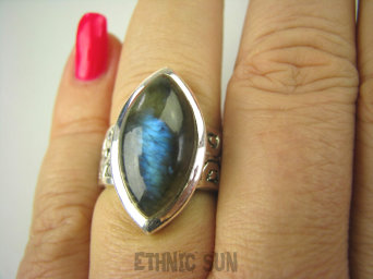 bpe6838 Cudowna MARKIZA  !!! Gruba zdobiona obrączka Pierścień Labradoryt Spektrolit r.15/r.16 Srebro 925 #
